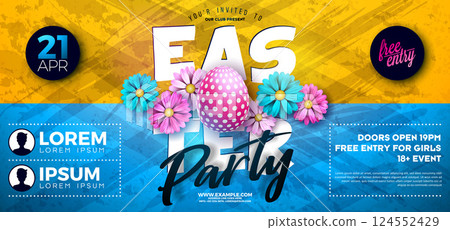Easter Party Flyer Illustration with Flower, Painted Eggs and Typography Lettering on Nature Blue Background. Vector Spring Religious Holiday Celebration Poster Design Template for Banner or Easter Party Flyer Illustration with Flower, Painted Eggs and Typography Lettering on Nature Blue Background. Vector Spring Religious Holiday Celebration Poster Design Template for Banner or 124552429
