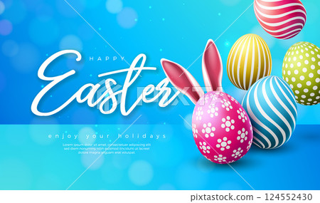 Happy Easter Illustration with Flower, Painted Egg and Rabbit Ears on Blue Background. Vector International Religious Celebration Holiday Design with Typography Letter for Greeting Card or Banner. Happy Easter Illustration with Flower, Painted Egg and Rabbit Ears on Blue Background. Vector International Religious Celebration Holiday Design with Typography Letter for Greeting Card or Banner. 124552430