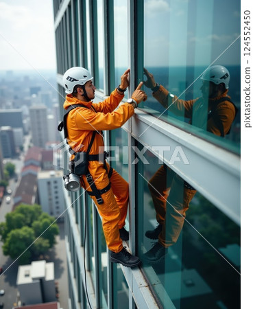 Urban high-rise window cleaning technician balancing on skyscraper facade 124552450