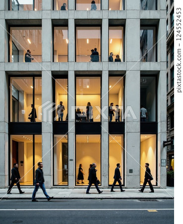 Urban modern architecture with people in office building interior design 124552453