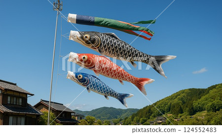 Carp streamers swimming on the roof 124552483
