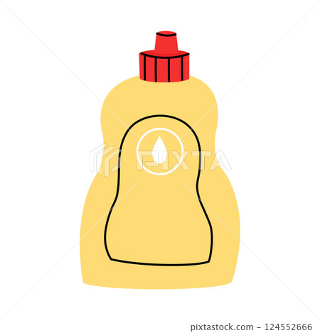 A doodle illustration of yellow dish washing liquid with red lid. Cleaning icon. A doodle illustration of yellow dish washing liquid with red lid. Cleaning icon. 124552666