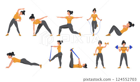 Vector set of a sporty woman performing various fitness exercises 124552703