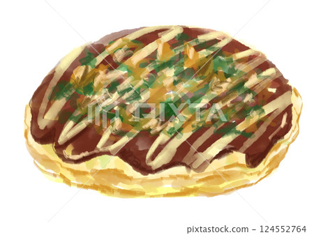 Hand-drawn watercolor illustration of a delicious thick okonomiyaki smothered in sauce 124552764