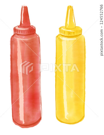 手繪水彩插圖，描繪了汽水容器中的番茄醬和芥末醬 124552766