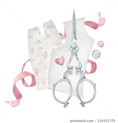 Vintage scissors, red satin ribbon, buttons, beads in watercolor style. Composition of sewing accessories and garment pattern on white background. Retro fashion clipart for design. 124552779