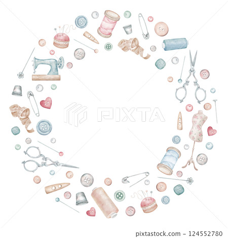 Sewing tools and atelier equipment round frame. Sewing machine, mannequin, pincushion, scissors, buttons, thimble, spool, safety pin in watercolor style. Circle composition of tailor accessories for d Sewing tools and atelier equipment round frame. Sewing machine, mannequin, pincushion, scissors, buttons, thimble, spool, safety pin in watercolor style. Circle composition of tailor accessories for d 124552780