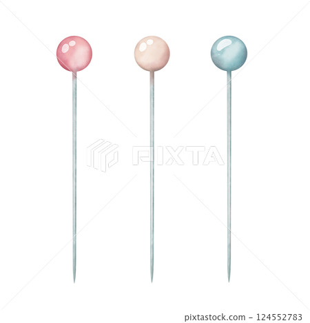 Sewing pins set, needlework accessories. Hand drawn red, blue, beige straight pins in watercolor style. Graphic elements for design. Sewing pins set, needlework accessories. Hand drawn red, blue, beige straight pins in watercolor style. Graphic elements for design. 124552783
