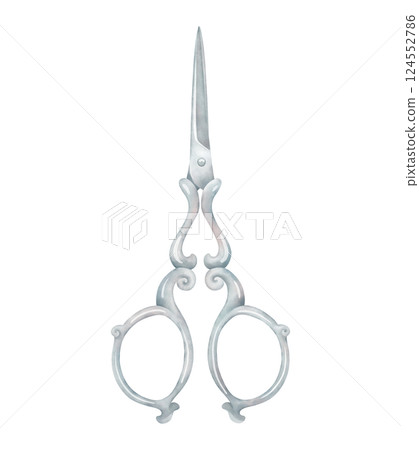 Watercolor scissors in retro style. Elegant tool for sewing, tailor accessory, hairdressing equipment. Hand drawn illustration isolated on white. Clipart for design. Watercolor scissors in retro style. Elegant tool for sewing, tailor accessory, hairdressing equipment. Hand drawn illustration isolated on white. Clipart for design. 124552786
