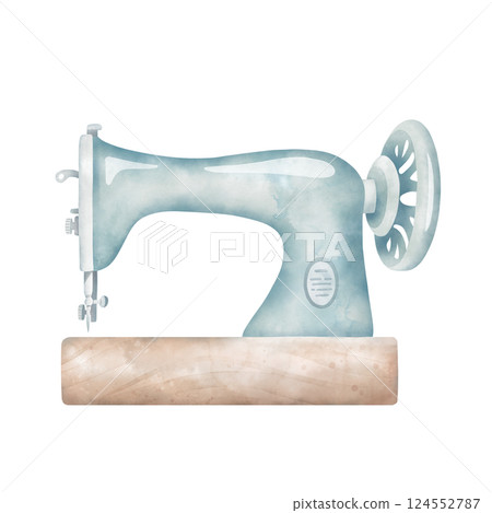 Sewing machine watercolor illustration isolated on white background. Dressmaker instrument, atelier equipment in vintage style. Clipart for retro fashion design. Sewing machine watercolor illustration isolated on white background. Dressmaker instrument, atelier equipment in vintage style. Clipart for retro fashion design. 124552787