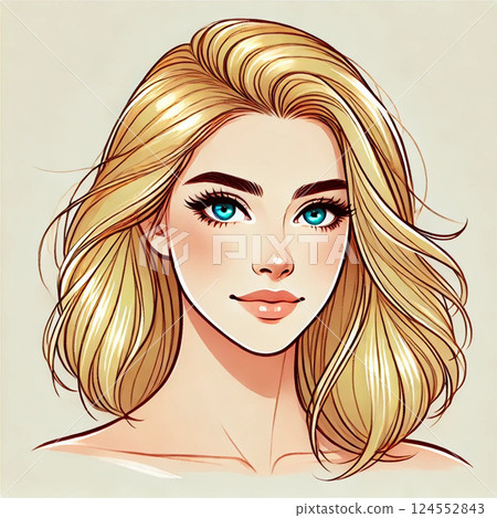 一位有著金髮和迷人藍眼睛的年輕女子的肖像 124552843