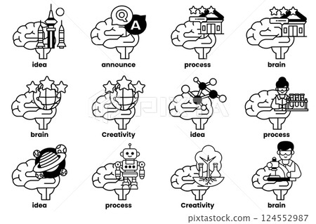 Set of illustrations in the concept of brain and things in line art style Set of illustrations in the concept of brain and things in line art style 124552987