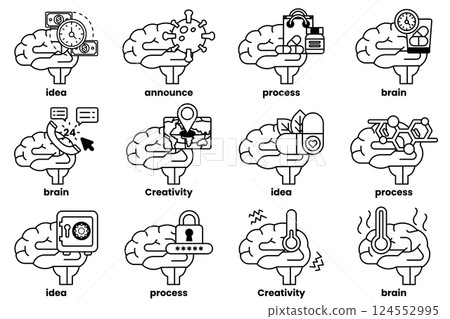 Set of illustrations in the concept of brain and things in line art style 124552995