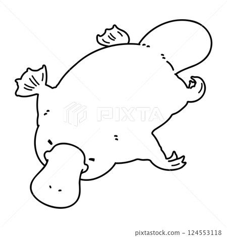 一隻游泳的鴨嘴獸的簡單而可愛的插圖 - 僅線條畫 124553118