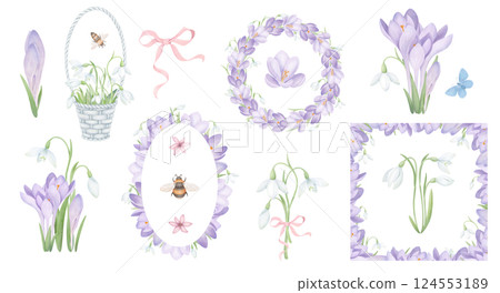 Snowdrops and crocuses botanical illustration set. Watercolor floral collection, spring flower bouquet, wicker basket, wreath, border frame, pink ribbon, honeybee. Hand drawn elements for greeting car 124553189