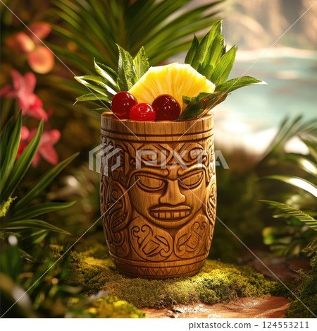 Tropical tiki drink in carved wooden cup with fruit garnishes 124553211