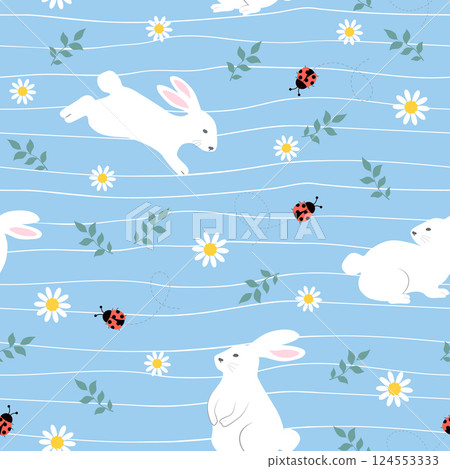 Seamless Easter floral pattern with cute bunnies and ladybugs on spring garden Seamless Easter floral pattern with cute bunnies and ladybugs on spring garden 124553333