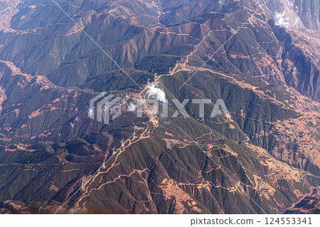 Taihangshan, aerial view. The mountain range in China, which is located on the eastern edge of the Loess Plateau in the provinces of China, Shaanxi and Hebei. Wind farms wind turbines Taihangshan, aerial view. The mountain range in China, which is located on the eastern edge of the Loess Plateau in the provinces of China, Shaanxi and Hebei. Wind farms wind turbines 124553341