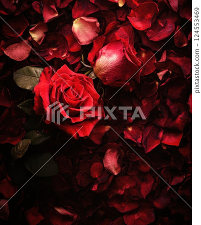 Romantic Red Rose Surrounded by Lush Rose Petals on Dark Background 124553469