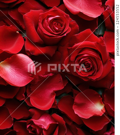 Beautiful Red Roses With Petals on a Dark Background Close-Up 124553552