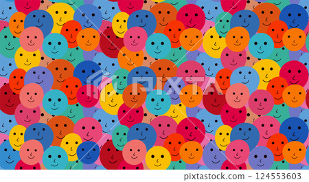 Seamless pattern of group of abstract faces smile emoji frontal view of multicultural people. Diversity equality inclusion belonging DEIB concept 124553603