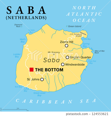 Saba, island of the Caribbean Netherlands, political map with capital The Bottom. Located in the northern Leeward Islands portion of the West Indies. Consisting largely of dormant volcano Mt. Scenery. 124553621