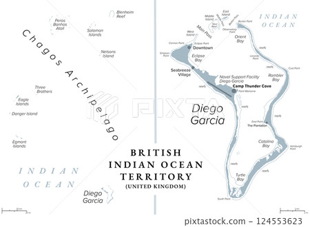 British Indian Ocean Territory, BIOT, gray political map. Atolls of Chagos Archipelago in the Indian Ocean with largest island Diego Garcia, the site of a Joint Military Facility of the U.K. and USA. British Indian Ocean Territory, BIOT, gray political map. Atolls of Chagos Archipelago in the Indian Ocean with largest island Diego Garcia, the site of a Joint Military Facility of the U.K. and USA. 124553623
