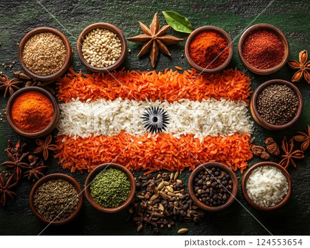 Vibrant Indian Flag Made of Spices and Rice on Rustic Background 124553654