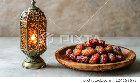 Traditional Lantern with Dates on Plate, Middle Eastern Delight 124553655