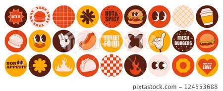 Food stickers. Retro burger characters, fast hamburger and coffee restaurant doodles. Groovy drinks. Fastfood menu emblems and labels for food packaging. Vector cartoon design illustration 124553688