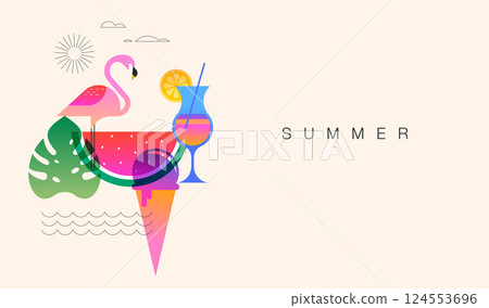 Colorful summer background with tropical monstera leaf, flamingo, ice cream, cocktail and watermelon Colorful summer background with tropical monstera leaf, flamingo, ice cream, cocktail and watermelon 124553696