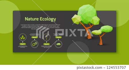 3D forest. Nature and ecology save. Environment conservation. Recycle and renewable power. Polygon tree plastic design for eco presentation. Triangle energy banner. Vector background 124553707