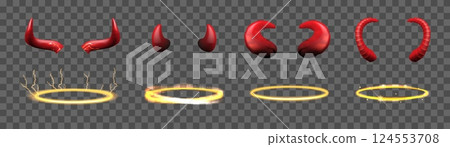 Evil horn. Angel halo. 3D golden ring. Halloween carnival costume. Red devil or black demon attributes. Saint heaven circle. Transparent background. Vector realistic photo mask elements set 124553708