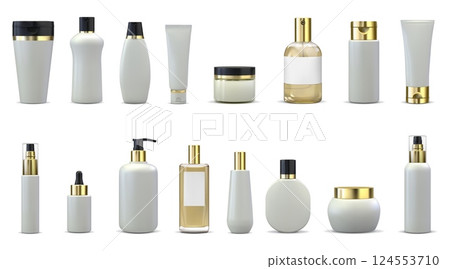 Cosmetic product package. 3D bottle mockup. Shampoo and lotion gel container. Moisturizing cream flask with dispenser. Bathroom beauty packaging. Golden cap flacon. Vector isolated set 124553710