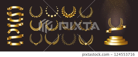 Gold award. Ribbon, prize and laurel wreath, golden oscar banner for star winner ceremony. 3d best win metallic podium or stage exposition. Realistic isolated elements. Vector background 124553716