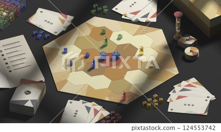 Colored board game field with chips, dice and cards mockup 124553742