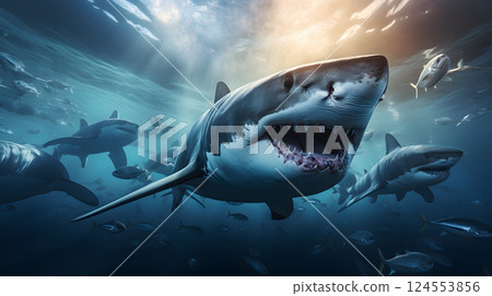 swimming white shark in the ocean.  124553856