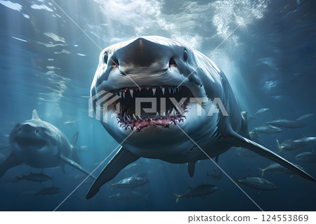 swimming white shark in the ocean.  124553869