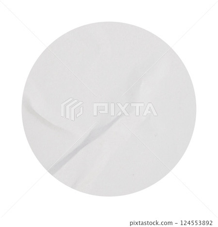 Blank White empty round crumpled paper emblem mockup promotion sticker label cutout isolated on a transparent background Copy space preview tag, label 124553892