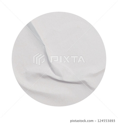 Blank White empty round crumpled paper emblem mockup promotion sticker label cutout isolated on a transparent background Copy space preview tag, label 124553893