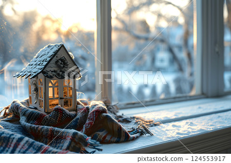 model of a private residential building with a warm scarf on the table model of a private residential building with a warm scarf on the table 124553917