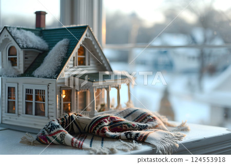 model of a private residential building with a warm scarf on the table 124553918