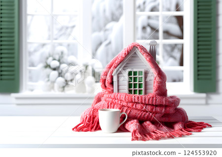 model of a private residential building with a warm scarf on the table.  124553920