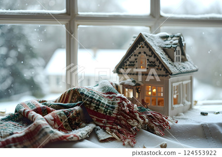 model of a private residential building with a warm scarf on the table. model of a private residential building with a warm scarf on the table. 124553922