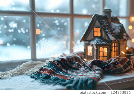 model of a private residential building with a warm scarf on the table.  124553925