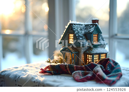 model of a private residential building with a warm scarf on the table 124553926