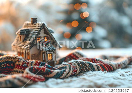 model of a private residential building with a warm scarf on the table. model of a private residential building with a warm scarf on the table. 124553927