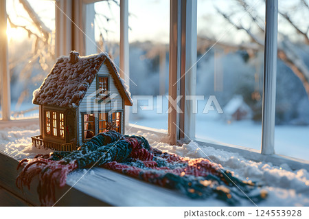 model of a private residential building with a warm scarf on the table. 124553928