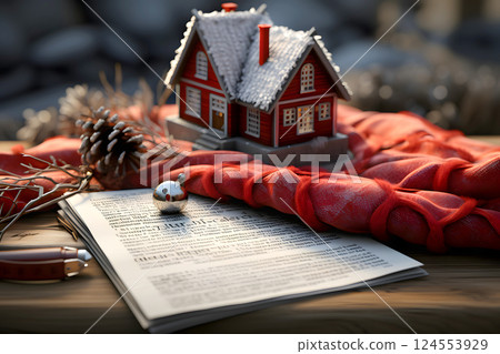 model of a private residential building with a warm scarf on the table.  124553929
