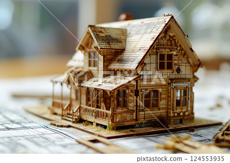 wooden model of a residential building on a table with drawings. construction and architecture 124553935